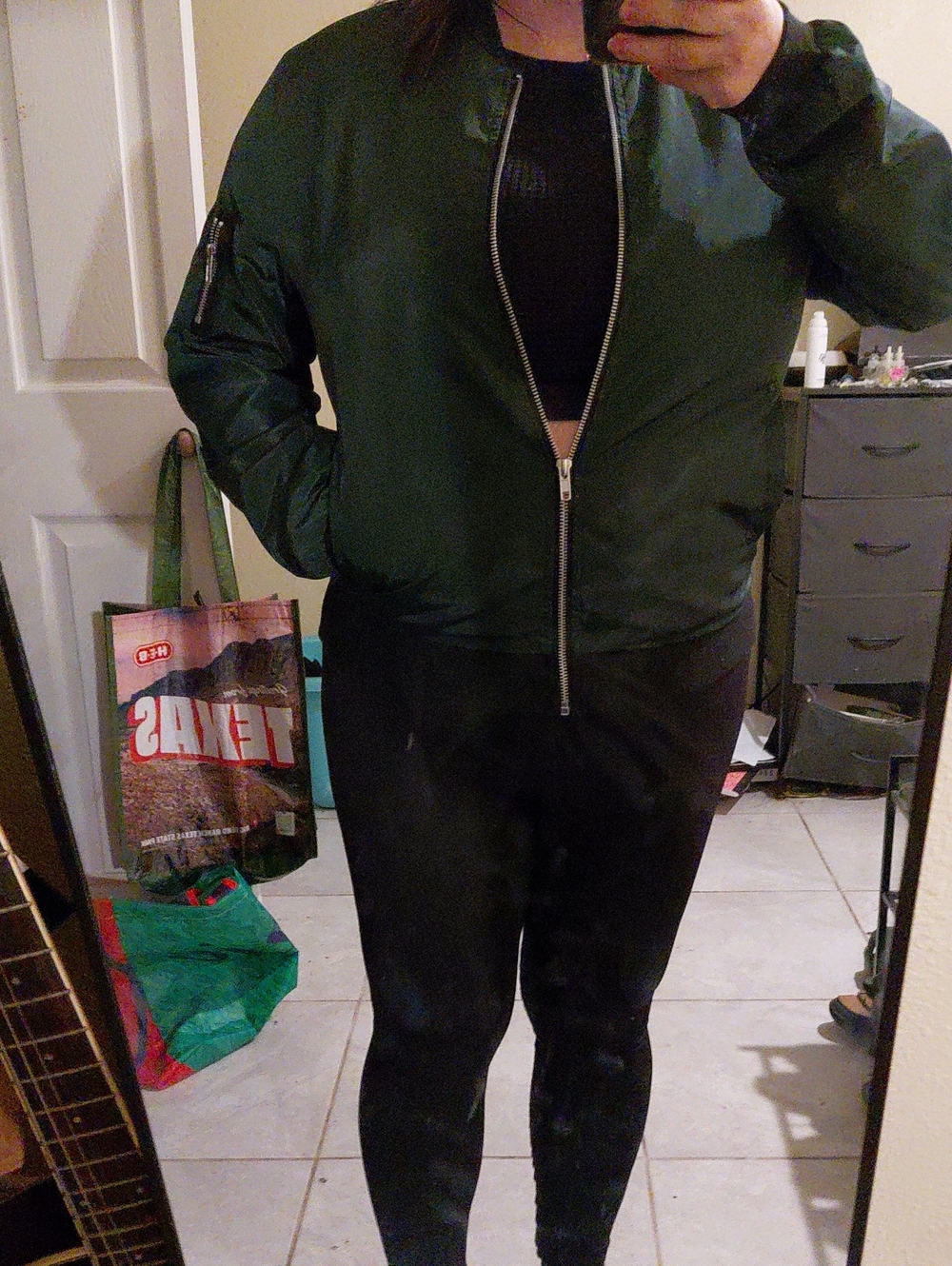 Women's Dark Green Bomber Jacket with Ribbed Trim